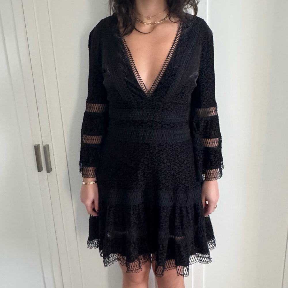 Aqua Black Lace Dress with bell sleeves and deep v-neck size small